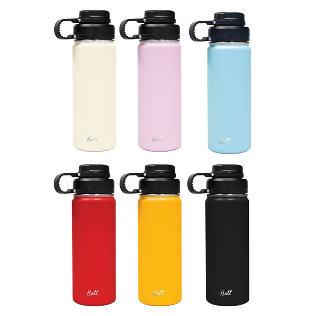 A drink bottle with an infuser lid available in six colours: cream, pink, blue, red, yellow, and black. It features a logo.