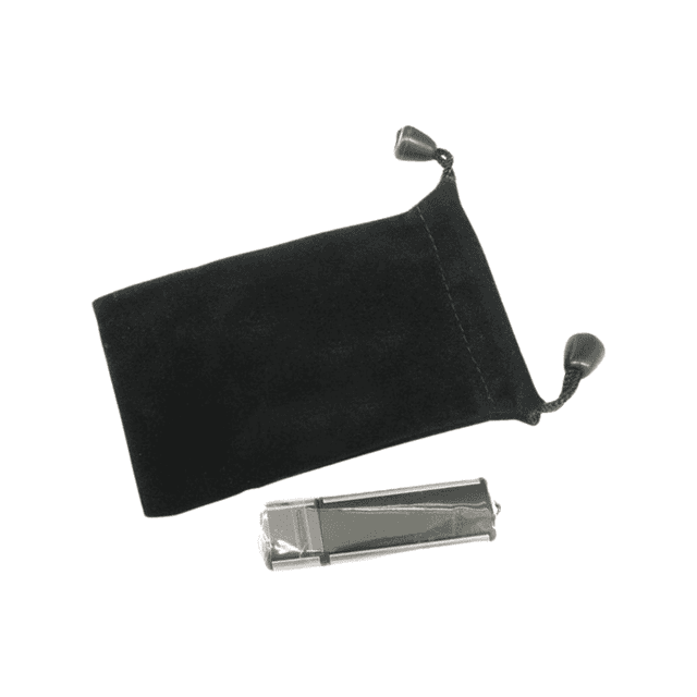 A black velvet pouch with a drawstring, alongside a silver USB drive. The pouch features a small logo.
