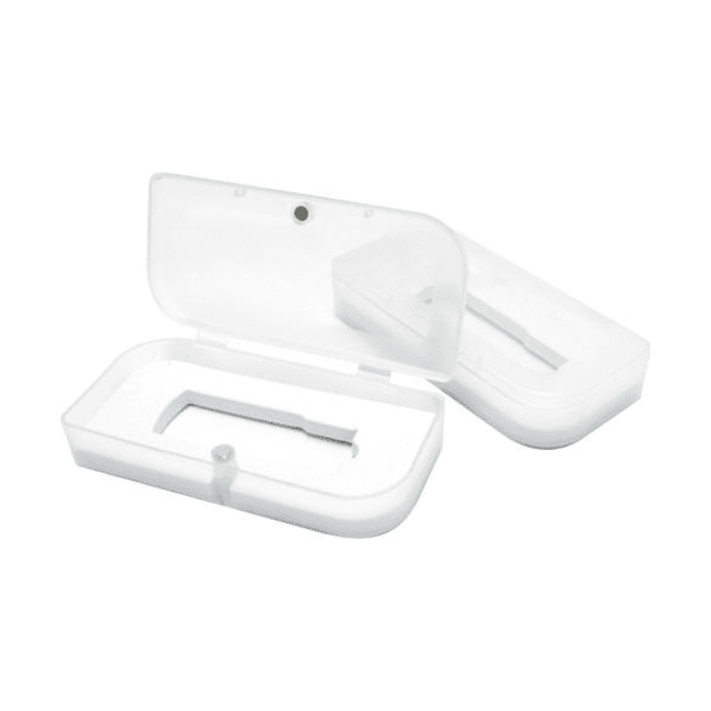 A clear plastic case with a magnetic closure, designed for holding flash drives.