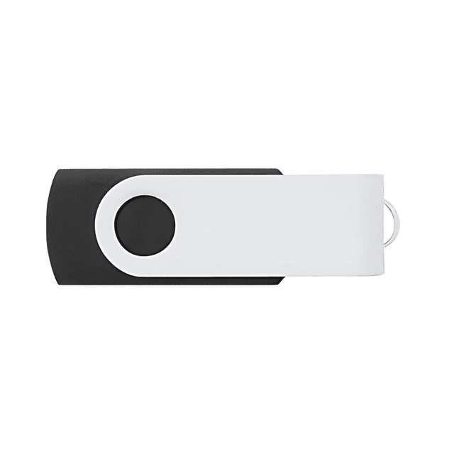 A black and white USB flash drive featuring a swivel design, with a circular button on its side.