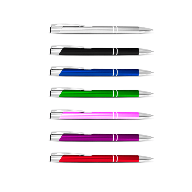 A selection of metal pens in black, blue, green, pink, purple, and red, featuring silver accents and a logo.