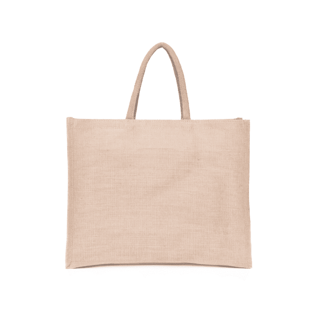 A natural-coloured Juco bag with two handles and a plain design, featuring a logo.