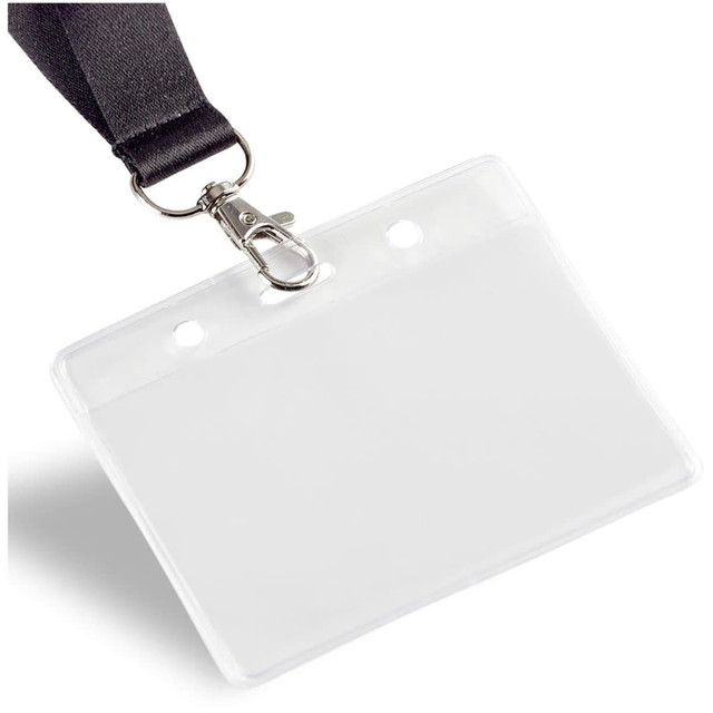 A clear PVC pocket badge holder with a black lanyard and a metal clip for attachment.