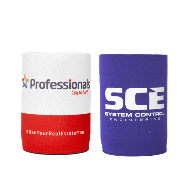 A stubby cooler in red, white, and blue with logos and branding on both sides.
