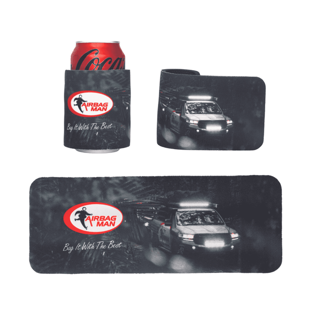 A drink bottle cooler in black featuring a logo, with a can and two stubby holder variations.