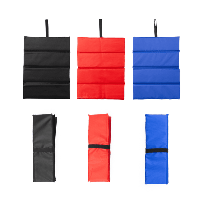 A collection of foldable chair cushions in black, red, and blue, featuring straps and a compact design for easy storage.