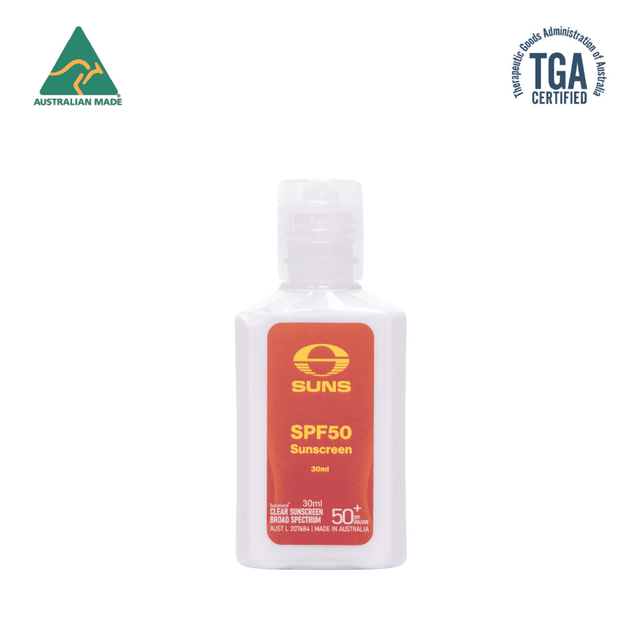 A 30ml SPF50 sunscreen lotion in a white bottle with a red label and a logo. The product is Australian made.