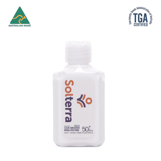 A 60ml white bottle of SPF50 sunscreen lotion, featuring a logo and a TGA certification mark.