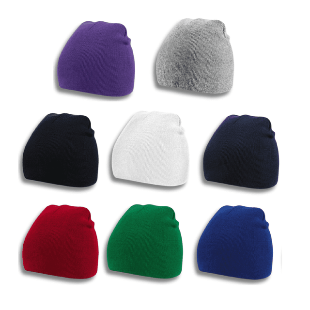 Acrylic beanie hats in various colours: purple, grey, black, white, navy, green, red, and blue, arranged in a grid.