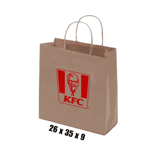A medium brown kraft paper bag with twisted paper handles and a logo on the front. Dimensions are 26 x 35 x 9 cm.