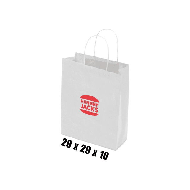 A small white kraft paper bag with twisted paper handles and a logo on the front.