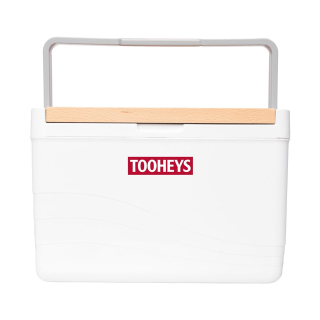 A white cooler box with a wooden handle and a logo on the front. Suitable for keeping items cool.