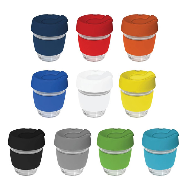 A drink bottle featuring a glass body with a silicone lid and band, available in various colours including blue, red, orange, and green.