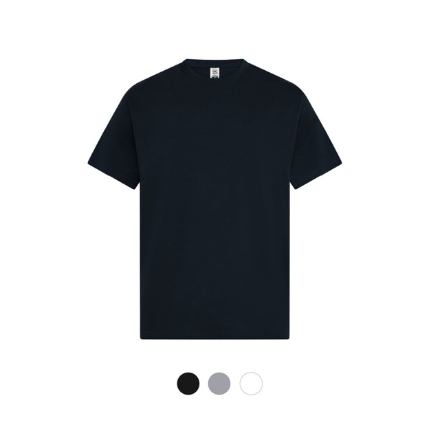 A black men's t-shirt displayed on a blank background. The shirt features a logo and is available in additional colours.