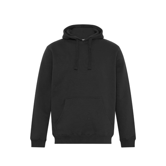 A black hoodie featuring a front pocket and drawstring hood, with a logo on the chest.