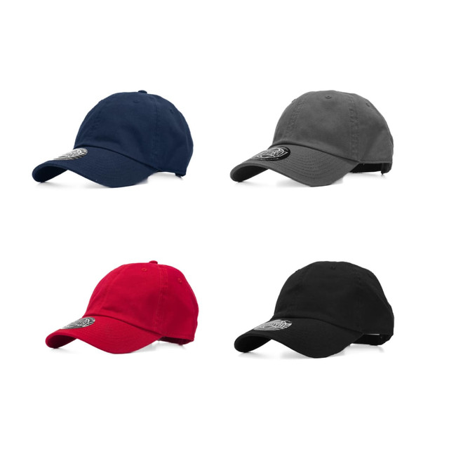 Four caps in navy, grey, red, and black, each featuring a logo on the front.