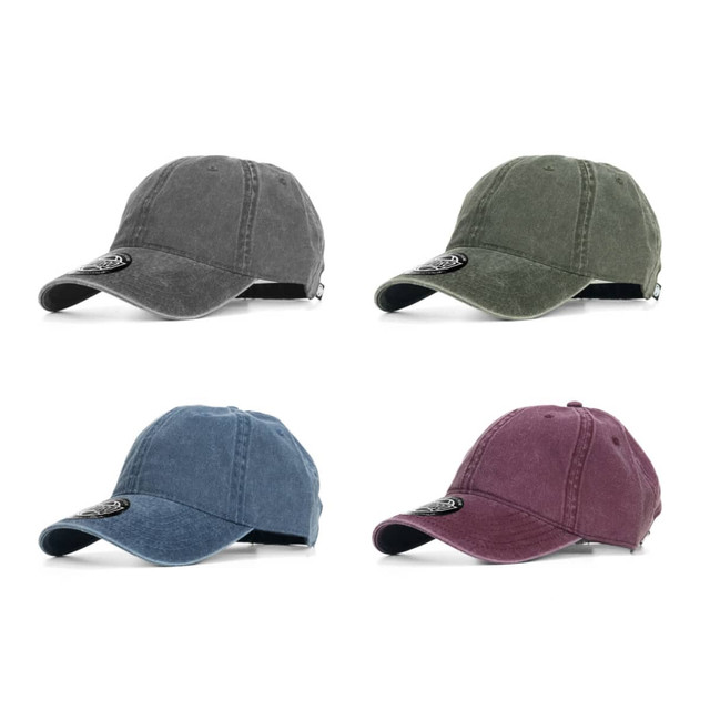 A collection of four caps in grey, green, blue, and burgundy with a logo on each design.