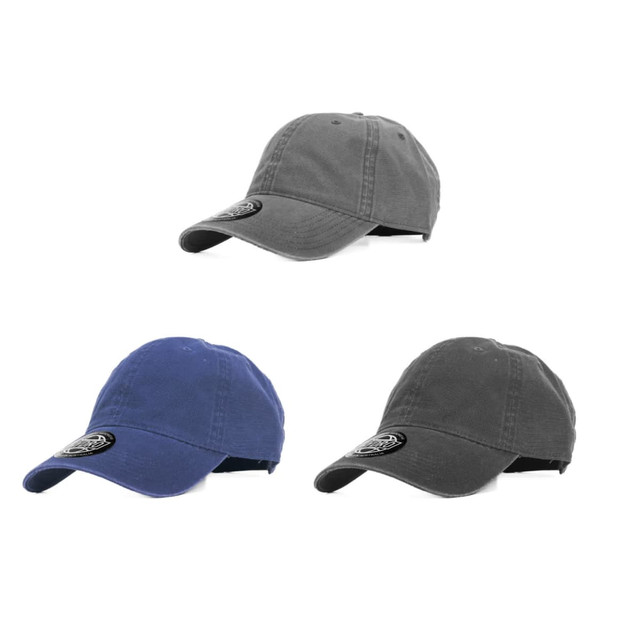 A grey and a navy cap with a black logo, featuring a classic baseball cap design.
