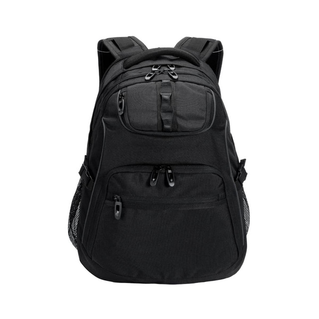 A black backpack with multiple zippered compartments and mesh side pockets, featuring adjustable shoulder straps.
