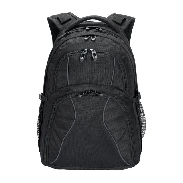 A black Fitzroy Backpack with multiple compartments and mesh side pockets. It features padded shoulder straps and a logo.