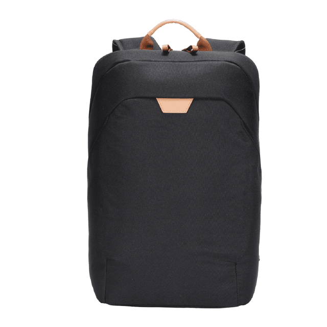 A black backpack with a structured design and a tan leather accent at the top, featuring a subtle logo.