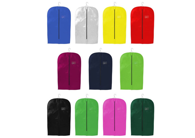 A collection of non-woven garment bags in blue, grey, yellow, red, purple, green, black, and pink, each with a hook and zipper.