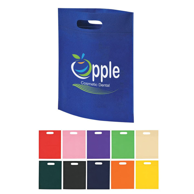 A blue non-woven tote bag with a logo and various colour options displayed below.