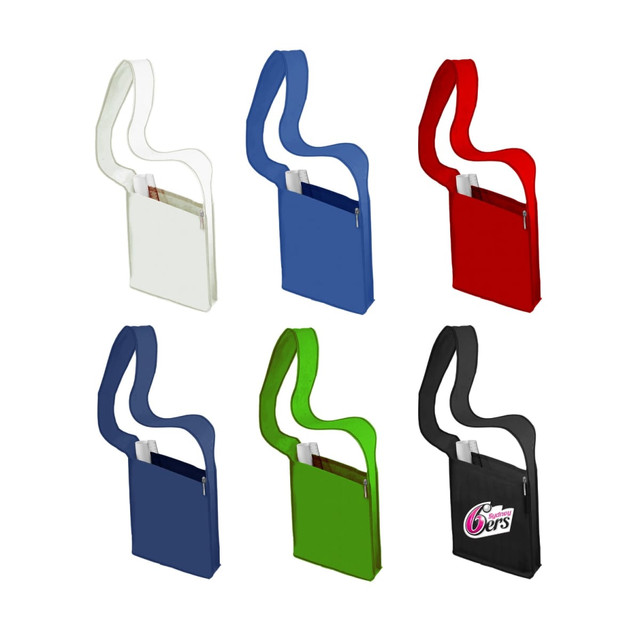 A collection of Curl Sling Bags in white, red, green, navy blue, and black, featuring front pockets and handles.