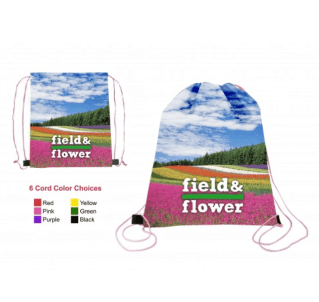 A drawstring backpack featuring a vibrant floral field design with a blue sky, available in various cord colours.