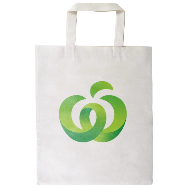 A cream-coloured tote bag featuring a green logo design. The bag has two sturdy handles.