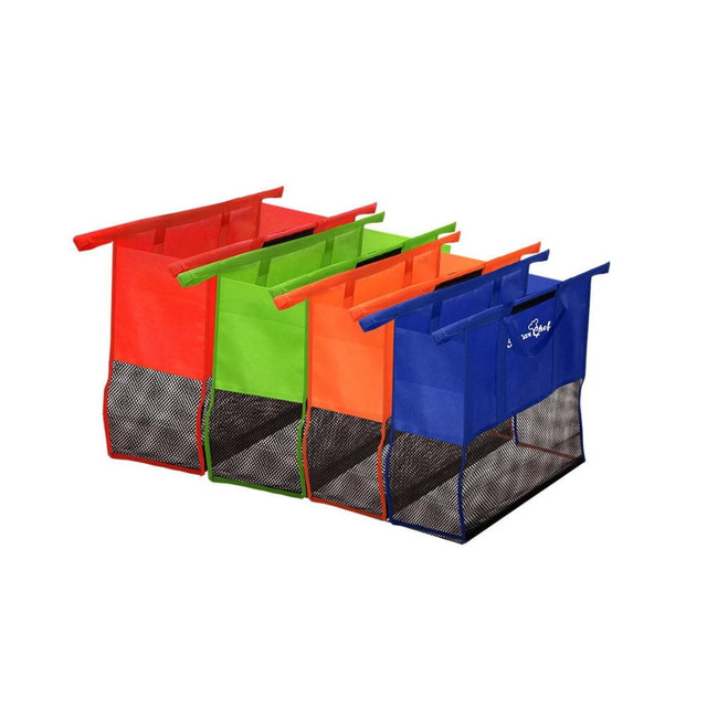 Four reusable grocery bags in red, orange, green, and blue, featuring mesh bottoms and handles, with a logo on one bag.