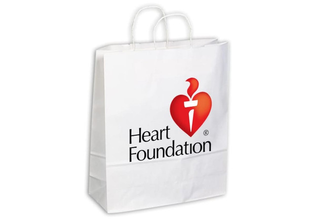 A white extra-large Kraft paper bag with twisted paper handles and a logo on the front.