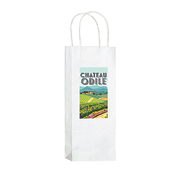 A drink bottle is housed in a white kraft paper wine tote with handles and a logo on the front.