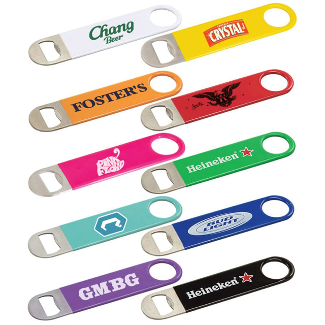 A collection of vinyl wrapped paddle style bottle openers in various colours, each featuring different logos and branding.