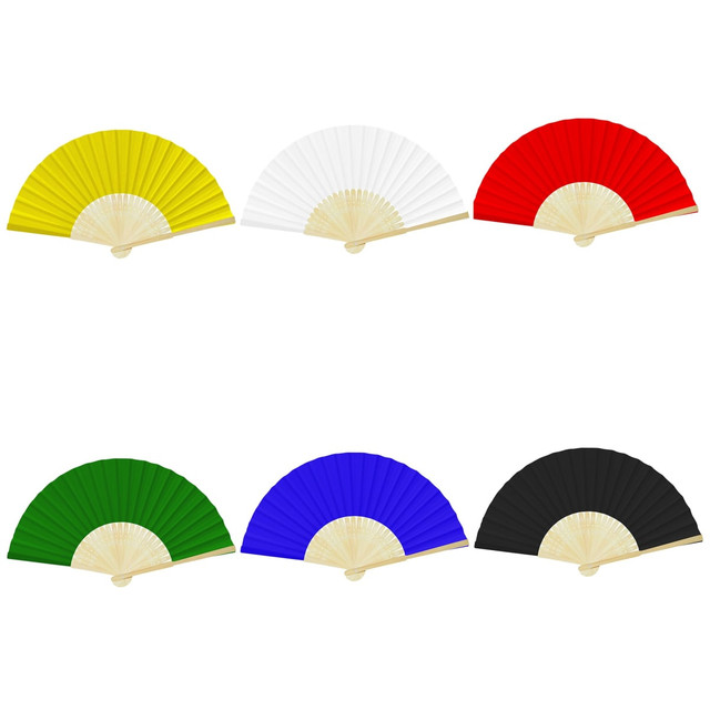 A collection of foldable fans in yellow, white, red, blue, black, and purple, featuring bamboo handles.