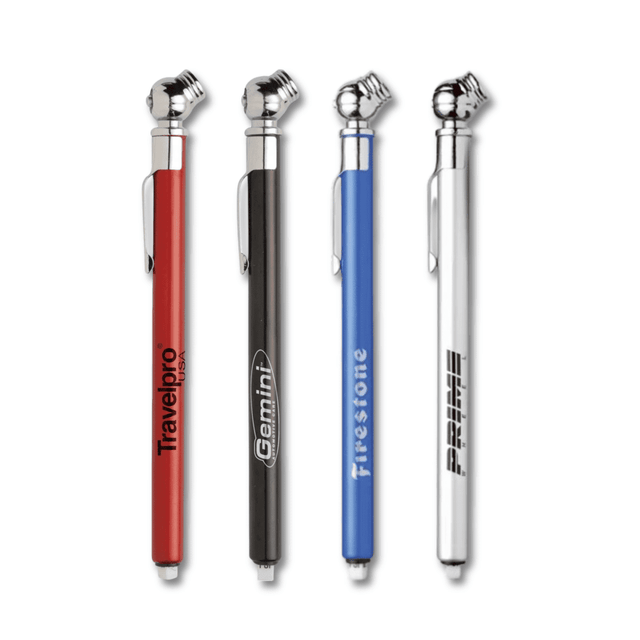 A set of four tyre gauges in red, black, blue, and silver, each featuring a logo.