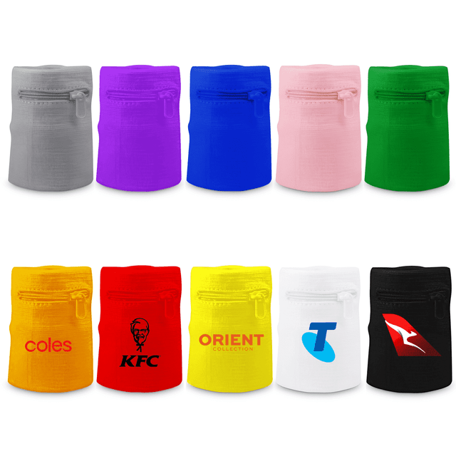 A collection of zippered sweat bands in grey, purple, blue, pink, green, yellow, red, white, and black, featuring various logos.