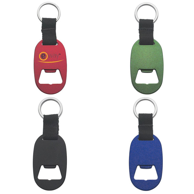 A drink bottle opener keyring in red, green, black, and blue, featuring a circular keyring and a logo.