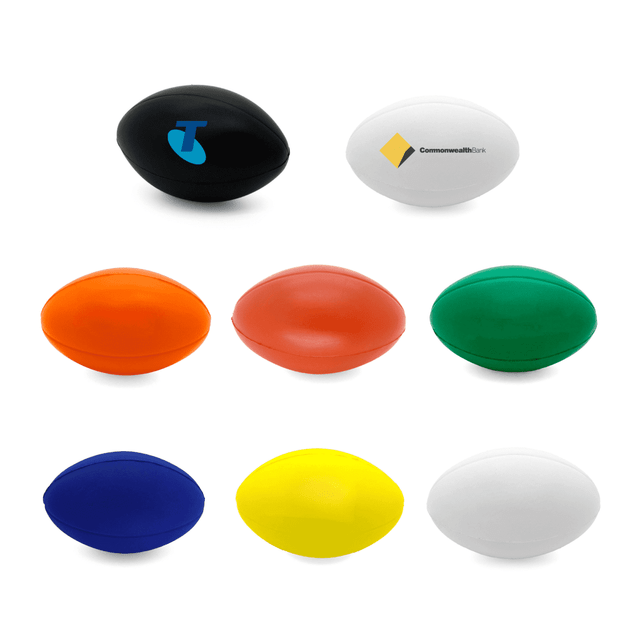 A set of football-shaped stress balls in black, orange, green, blue, yellow, and white, featuring various logos.