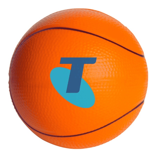 An orange stress ball shaped like a basketball, featuring a logo on its surface.