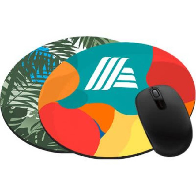 Round neoprene mouse pads in colourful designs, featuring a logo, with a black computer mouse on one of them.