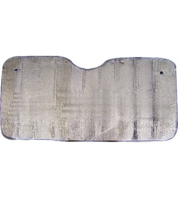 A foldable car sunshade in silver with a textured surface, featuring cutouts for rear-view mirrors and a logo.