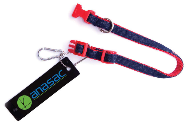 A red and blue dog collar and lead featuring a clip and a tag with branding.