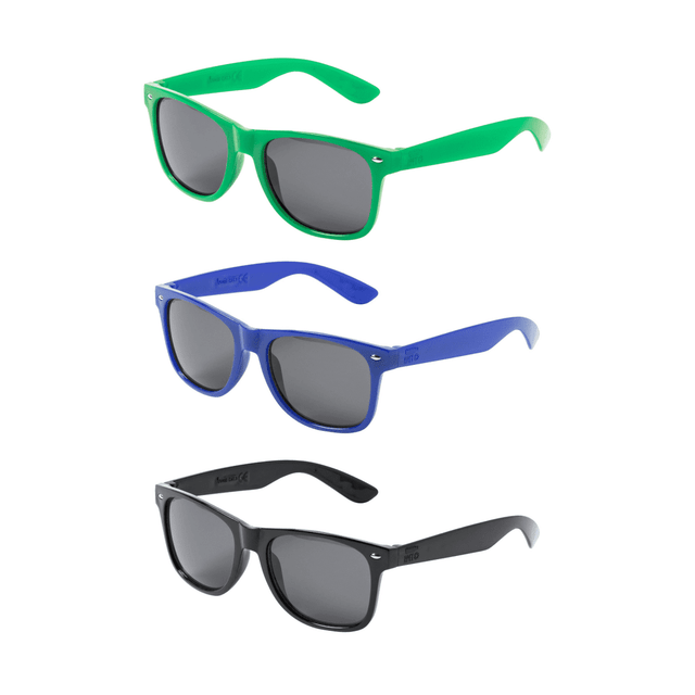 Three pairs of sunglasses in green, blue, and black, each with grey lenses and a logo on the side.