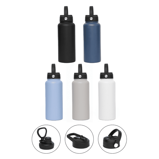 A drink bottle set featuring four vacuum bottles in black, blue, grey, and white with three different lid options.