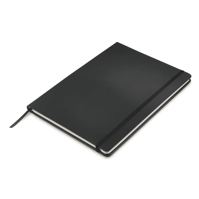 A black A4 hard cover notebook with an elastic strap and ribbon bookmark, featuring a branded logo.