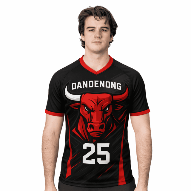 A sublimated rugby jersey featuring a bold red and black design with a bull graphic and a logo.