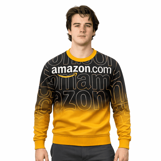 A man wearing a black and gold jumper with a prominent logo and text design. The jumper features a round neck and long sleeves.