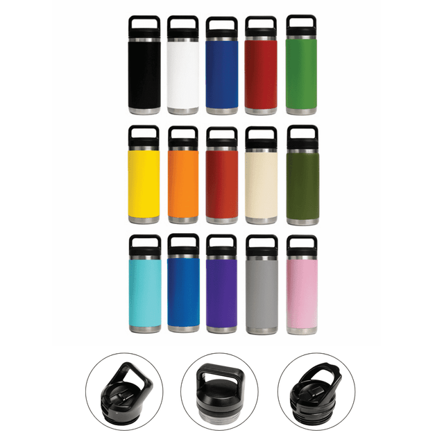 A drink bottle collection featuring various colours in a sleek design with three different lid options.