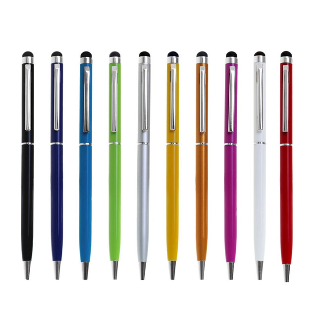 A collection of stylus pens in black, blue, green, silver, orange, yellow, red, and white with a twist-action mechanism and branding.